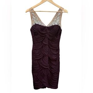 Adrianna Papell Plum Ruched Cocktail Dress Beaded Illusion Neck Formal Size 4